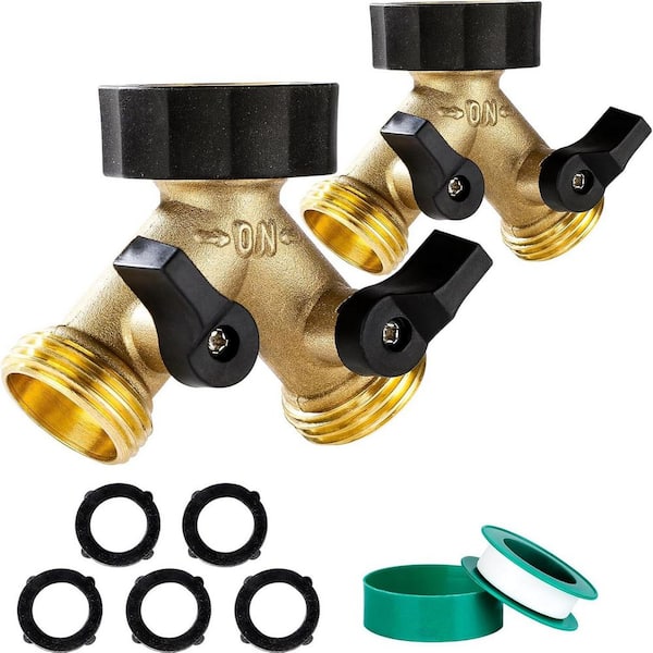 Garden Hose Dispenser 2-Way, Y-Connector Brass, Double Shutoff Valve, Includes 5-Rubber Washers and Teflon Tape (2-Pack)