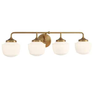 Cornwell 32 in. 4-Light Aged Brass Vanity Light with Etched Opal Glass Shades
