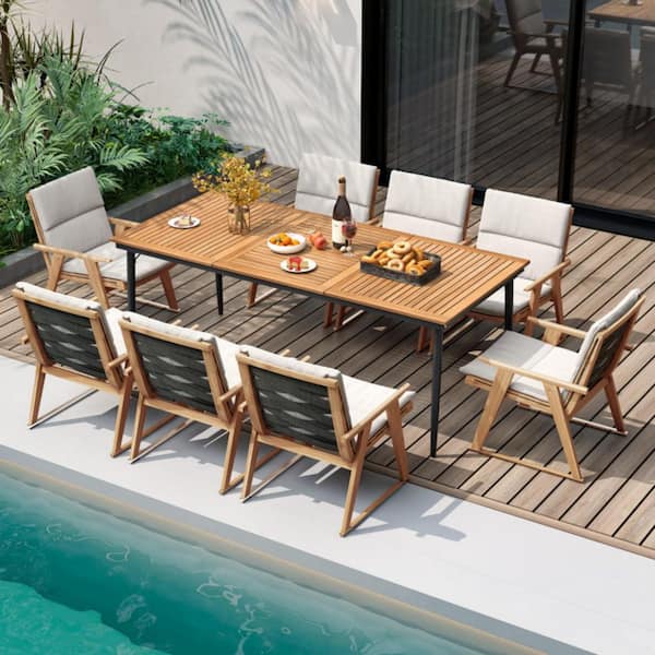 79 in. W Acacia Wood Patio Dining Table Rectangular Table with with Umbrella Hole for Balcony, Deck or Porch