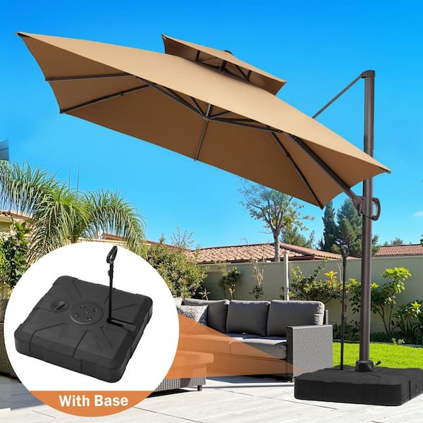 Double Top 10 ft. Square Aluminum Outdoor 360° Rotation Cantilever Patio Umbrella in Tan, Wheeled Base with Pull Rod