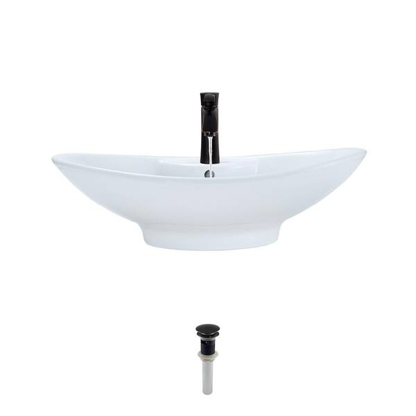 MR Direct Porcelain Vessel Sink in White with 725 Faucet and Pop-Up Drain in Antique Bronze