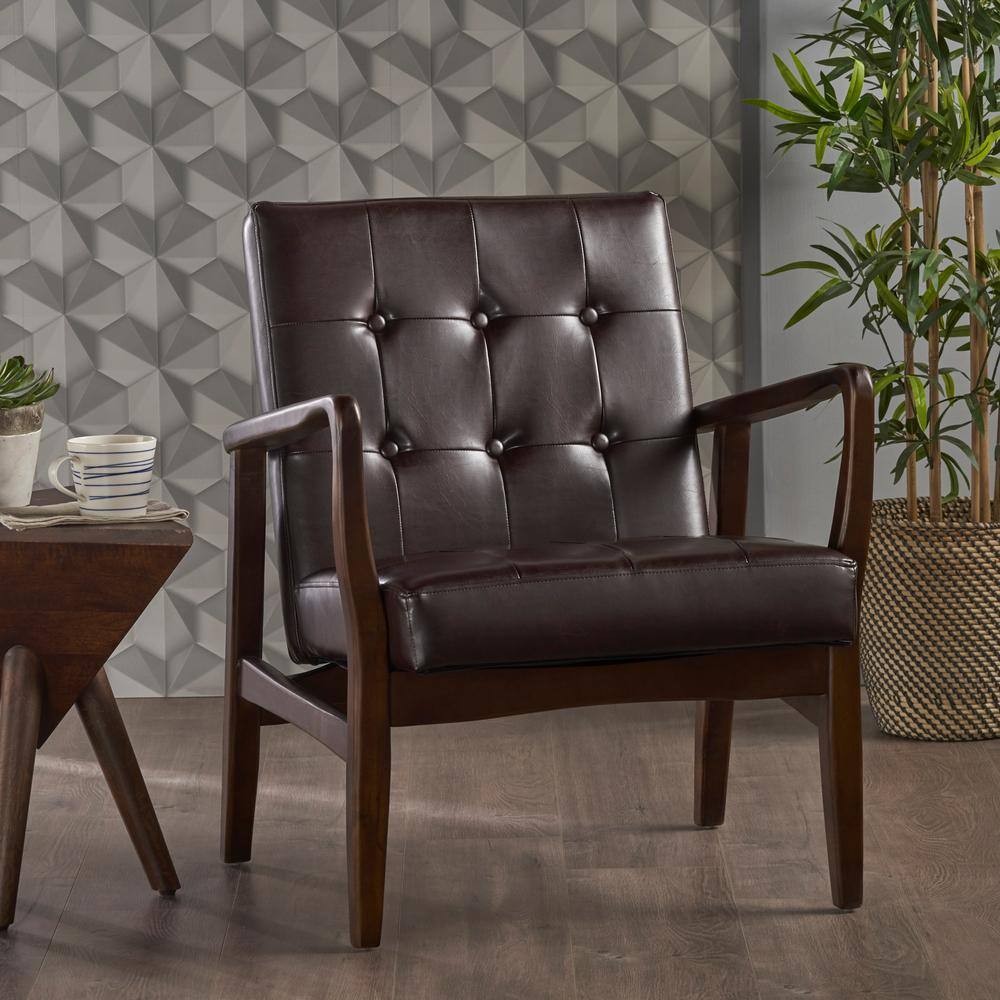 Handcrafted Brown Faux Leather Square Arm Club Chair