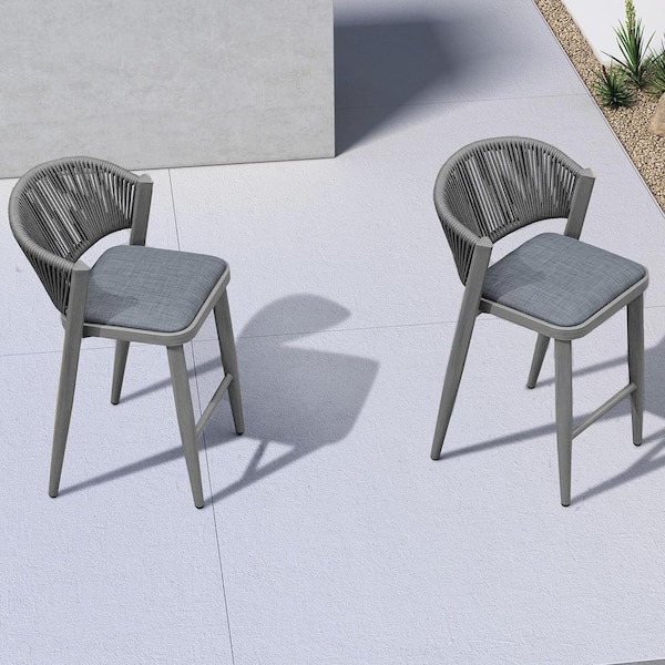 Modern Aluminum Low Back Rattan Counter Height Outdoor Bar Stool with Backrest and Gray Cushion (2-Pack)