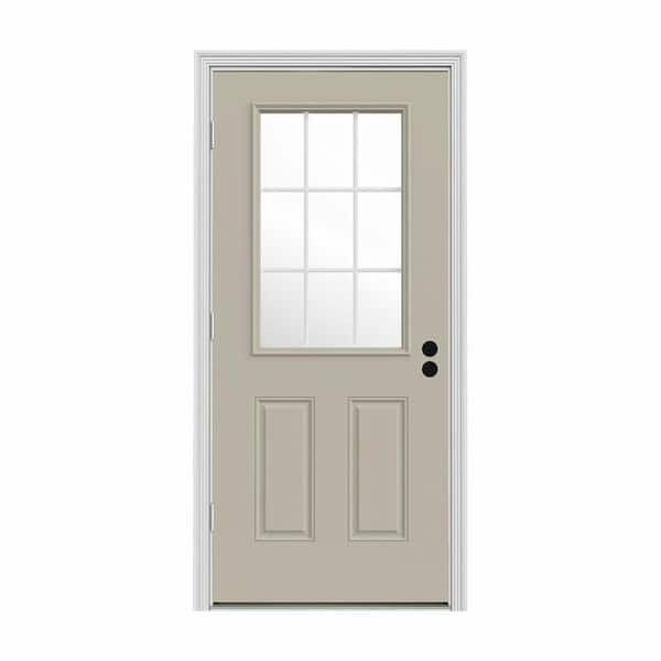 JELD-WEN 36 in. x 80 in. 9 Lite Desert Sand Painted Steel Prehung Right-Hand Outswing Entry Door w/Brickmould