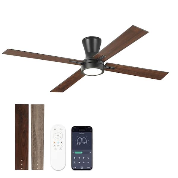52 in. Indoor Modern Dual Color Black Wood Low Profile Standard Flush Mount Ceiling Fan with LED Light Included Remote