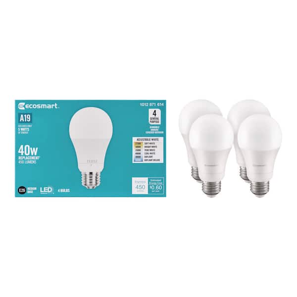 40-Watt Equivalent A19 E26 Base Dimmable LED Light Bulb with Selectable Color Temperature (4-Pack)