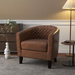 Mid-Century Brown PU Leather Nailhead Trim Upholstered Accent Barrel Chair With Solid Wood Legs