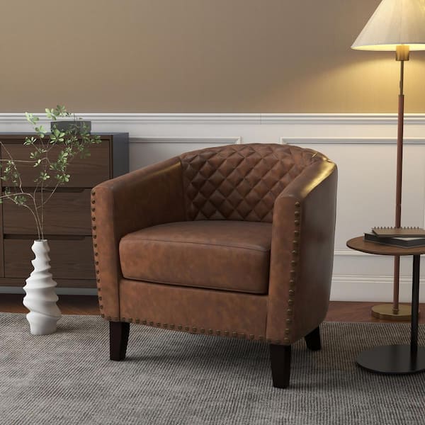 Uixe Mid-Century Brown PU Leather Nailhead Trim Upholstered Accent Barrel Chair With Solid Wood Legs