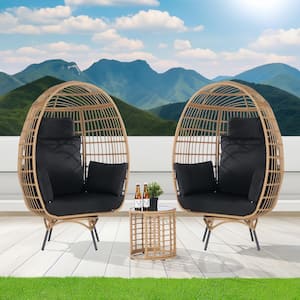 3-Piece Patio Wicker Swivel Outdoor Bistro Set with Side Table, Oversized Egg Chair with Black Cushions