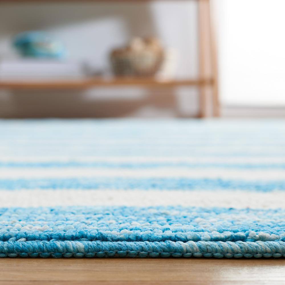 Blue and Ivory Striped Synthetic 4' x 6' Washable Rug