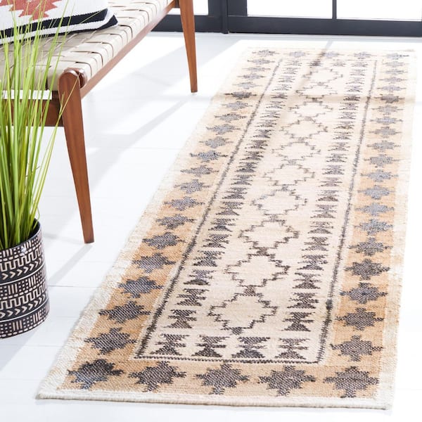 Kilim Ivory/Grey 2 ft. x 8 ft. Border Trellis Runner Rug