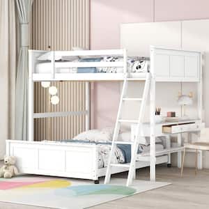 White Wood Frame Full over Full Bunk Bed with Built-in Desk and 2-Drawer, Movable Lower Bed, Sloping Ladder