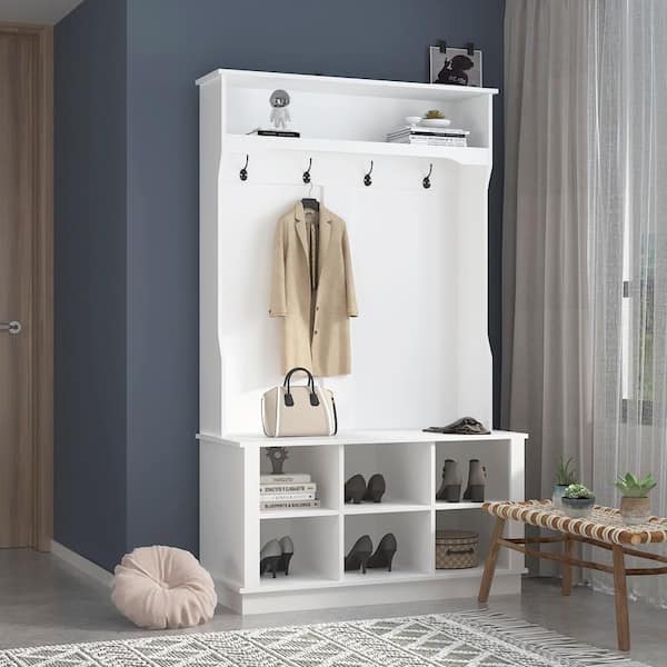 FUFU&GAGA White Painted Armoire with Bench and Storage Cubbies，39.8 in W-17.3 in D-67.1 in H