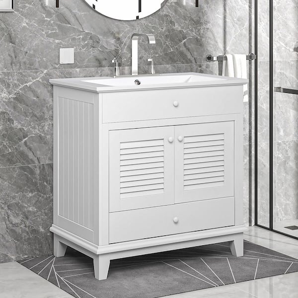 Staykiwi 30 in. W x 18 in. D x 31 in. H Single Sink Freestanding Bath Vanity in White with White Ceramic Top