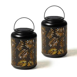 8.75 in. H Black Metal Cutout Leaf Solar Powered Outdoor Hanging Lantern with LED Light (Set of 2)