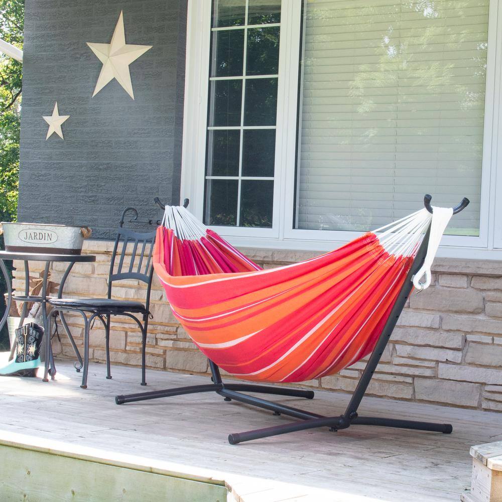 Vivere 9ft Red and Orange Cotton Double Hammock with Steel Stand