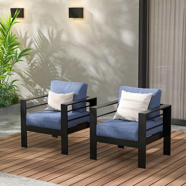 Black Aluminum Outdoor Deep Seating Lounge Chair with CushionGuard Blue Cushion 2-Pack