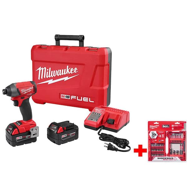 Milwaukee M18 FUEL 18-Volt Cordless Lithium-Ion Brushless 1/4 in. Hex Impact Driver Kit with Shockwave Bit Set (35-Piece)