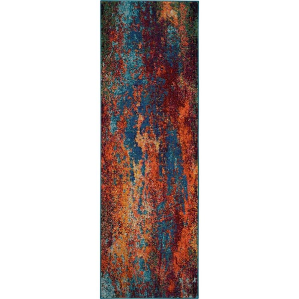 HomeRoots Blue/Orange 2 ft. x 6 ft. Atlantic Abstract Power Loom Non Skid Runner Rug