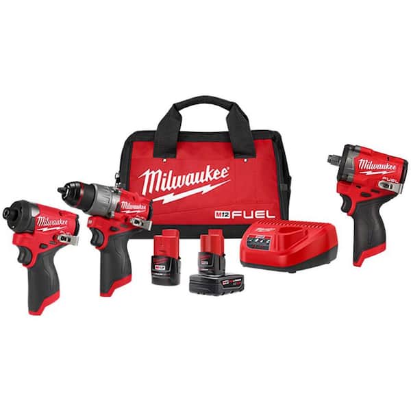 Milwaukee M12 FUEL 12-Volt Li-Ion Brushless Cordless Hammer Drill, Impact Driver Combo Kit w/2 Batteries, 1/2 in. Impact Wrench