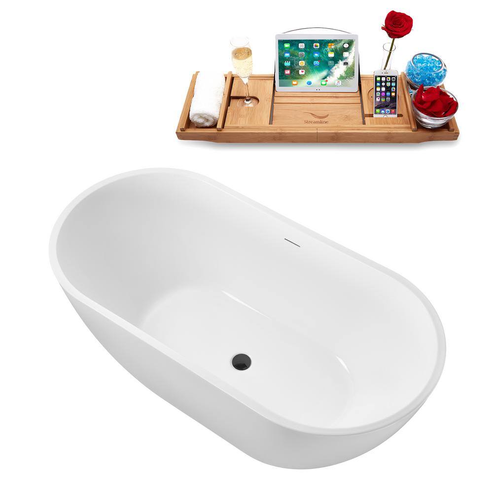 59" Glossy White Acrylic Freestanding Soaking Tub with Tray