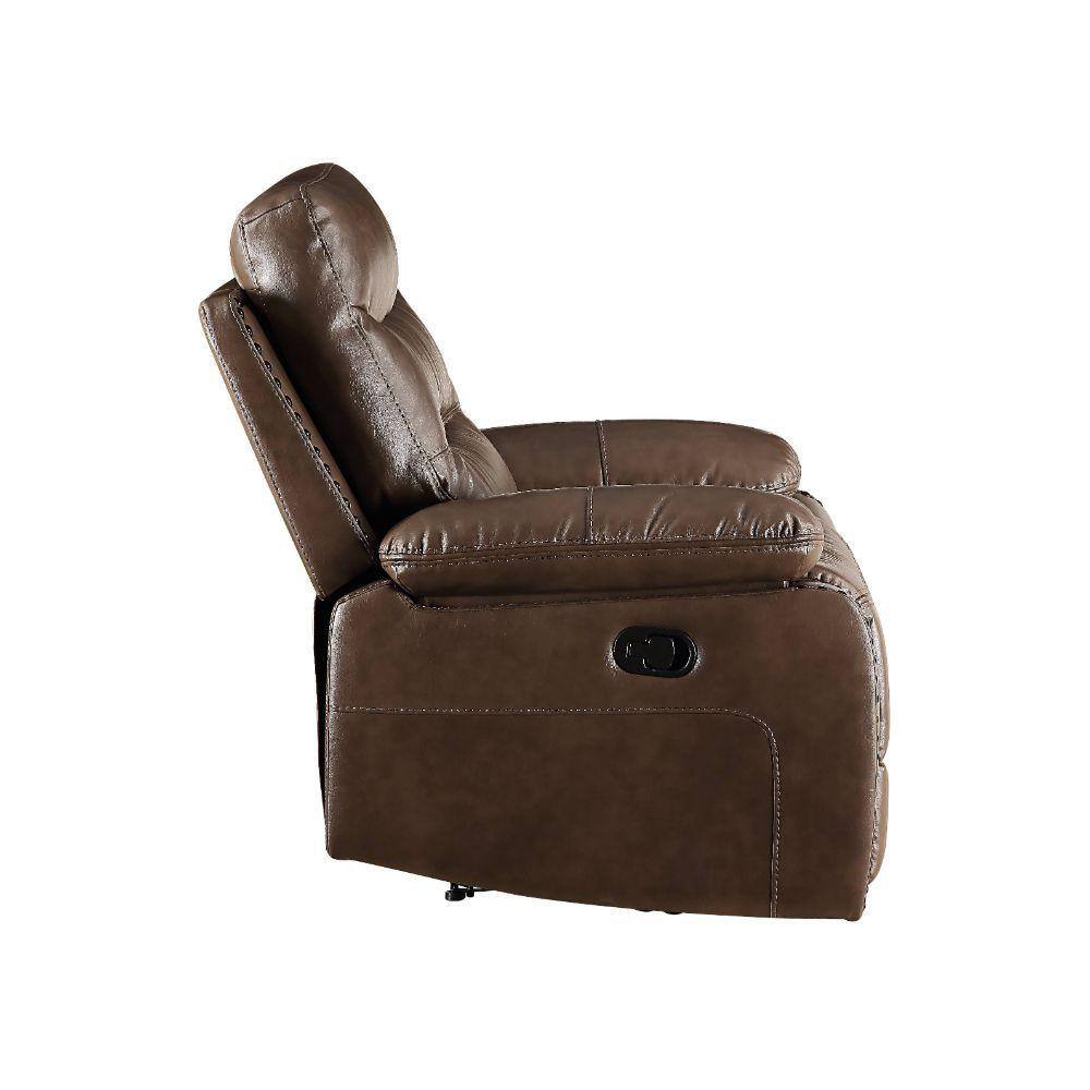 Aashi Brown Leather Tufted Reclining Loveseat with Storage Console