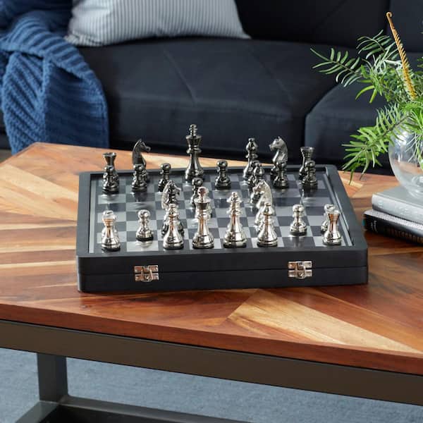 Litton Lane Black Aluminum Chess Game Set with Storage Compartment