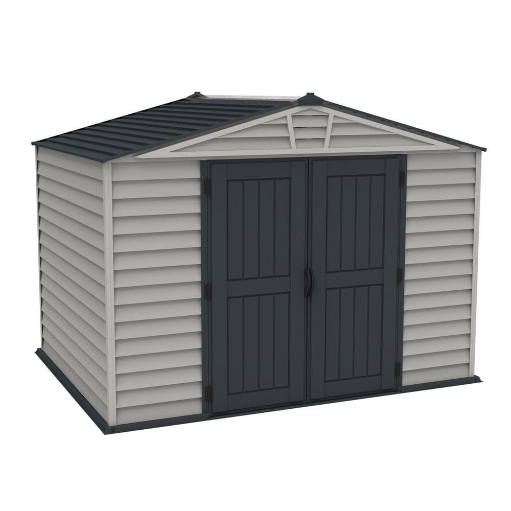 Gray 8' x 10' Vinyl Storage Shed with Shelving and Windows