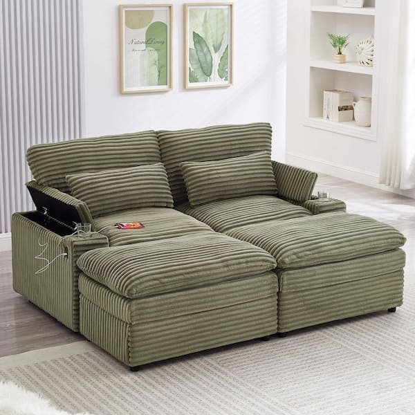70.9 in. W Corduroy Fabric 4-Seater Loveseat in Green with 2 Ottomans, 4 USB Ports and 2 Cup Holders