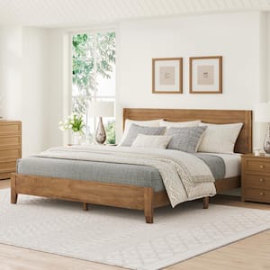 Lazio Mid Century Brown Wood Solid Wood Frame King Size Platform Bed Frame with Headboard Wooden Slat Support