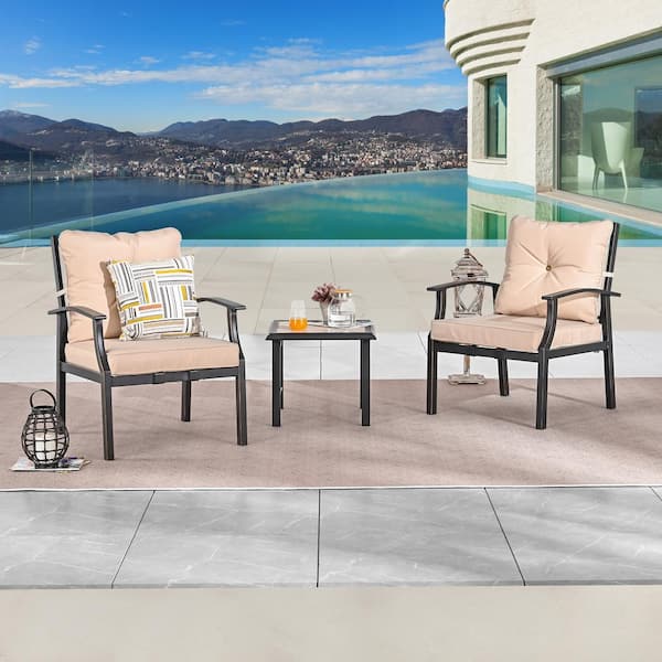 3-Piece Metal Patio Conversation Set with Beige Cushions