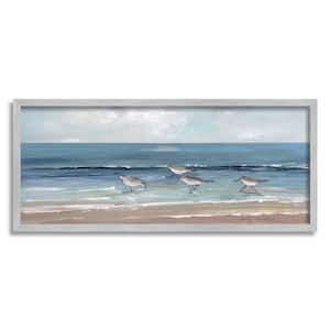 Sandpipers Birds Cloudy Sky Beach Shore Painting by Sally Swatland Framed Nature Art Print 30 in. x 13 in.