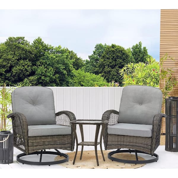 HOMMOW 3-Piece Outdoor Wicker 360° Swivel Patio Chairs, Patio Conversation Set with Thickened Cushions and Glass Table, Gray