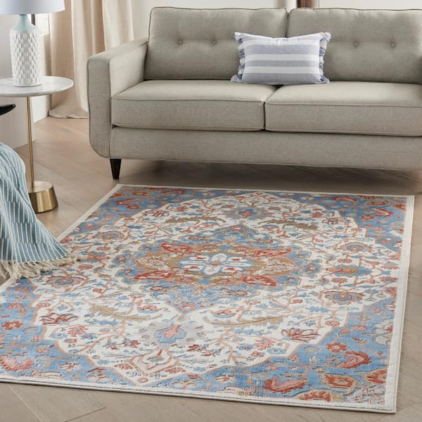 Elation Ivory Blue 4 ft. x 6 ft. Center Medallion Traditional Area Rug