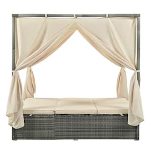 Wicker Outdoor Day Bed with Curtain, Cushions in Beige