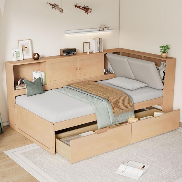 Natural Twin Daybed with Storage Bookcase, Linen Upholstered Hidden Storage Headboard, USB Charging, 2 Drawers