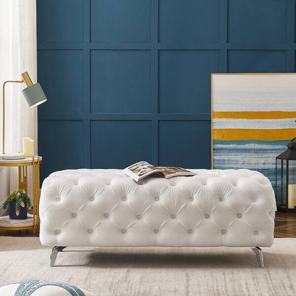 blue and white upholstered bench