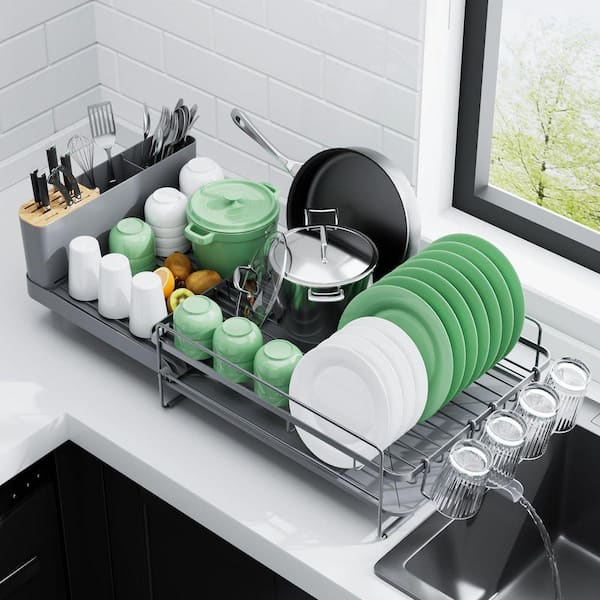 Extendable Dish Drying Rack w/ Cutlery Cup Holders,Multifunctional Countertop Drainage Rack, 19.2in. 26.7in. Lx12.9in. W