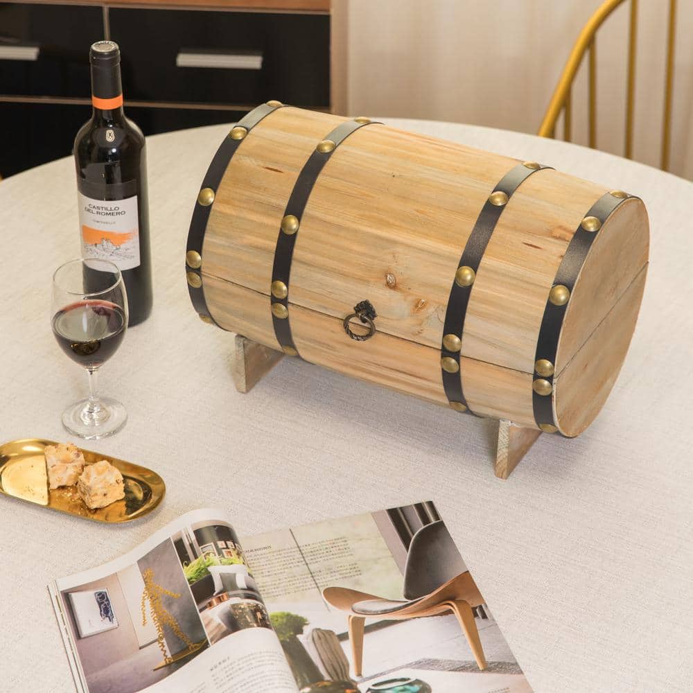 Natural Wooden Wine Barrel Shaped Treasure Chest Wine Holder
