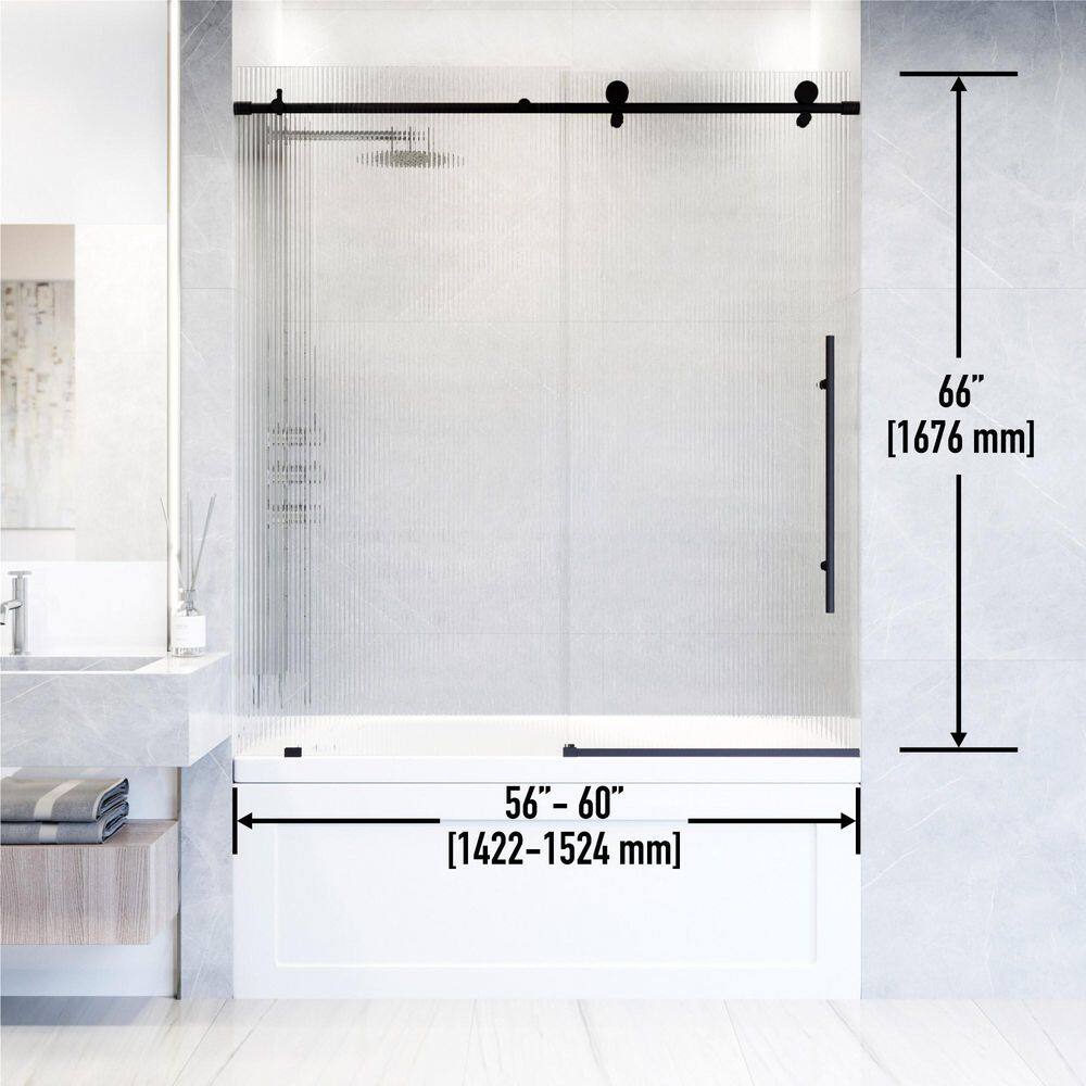 Elan E-Class 60" Matte Black Frameless Sliding Tub Door with Fluted Glass