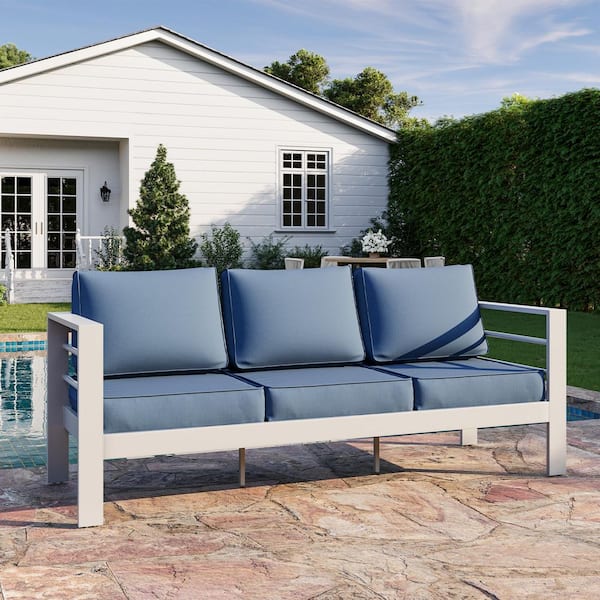 Oversized White Aluminum Outdoor Patio 3-Seat Couch with 5 in. Blue Cushions