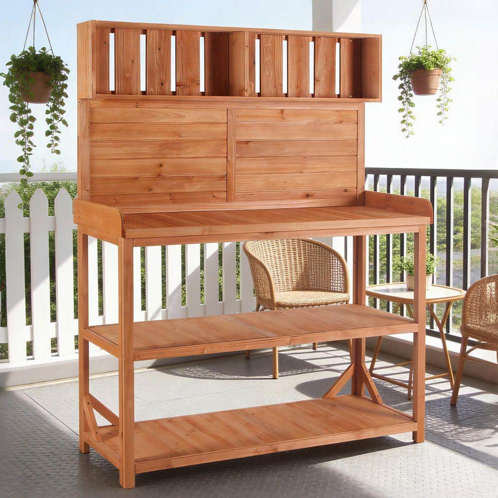 Coporesell 65 in. Natural Potting Bench Table Wood Workstation Storage ...