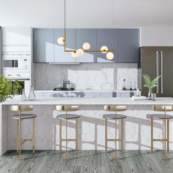 RRTYO Herculaneum 6-Light Brass Mid-Century Modern Linear Bubble Chandelier with Opal Globe Glass Shade for Kitchen Island
