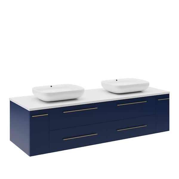 Lucera 60 in. Double Sink Wall Mount Floating Royal Blue Bath Vanity with White Quartz Top and Vessel Ceramic Sinks
