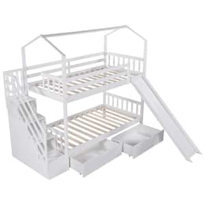 41 in. W White Twin Over Twin House Bunk Bed with 2-Drawers and Slide Storage Staircase