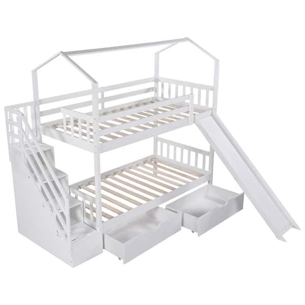 JASMODER 41 in. W White Twin Over Twin House Bunk Bed with 2-Drawers and Slide Storage Staircase