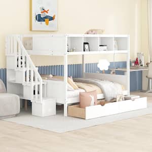 White Twin Over Full Bunk Bed with Shelfs, Storage Staircase and 2-Drawers