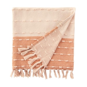 Terracotta Border Stripe Turkish Cotton Woven Throw Blanket with Fringe