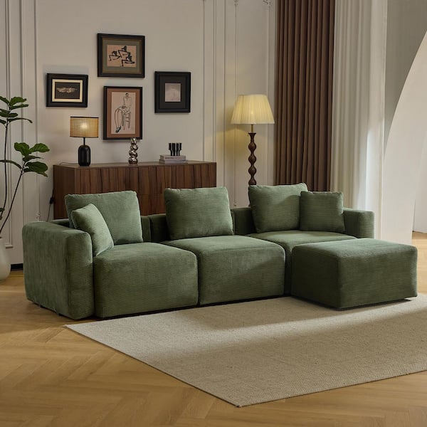 Compressed Block's Collection 112 in. W sq. Arm Corduroy L-shaped Modern Sofa in. Green with Ottoman