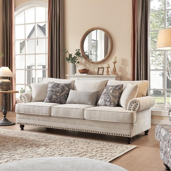 Morden Fort 3-Pieces Chesterfield Couch Set Rolled Arm Chenille Beige Sofa Loveseat Living Room Set with Footrest Ottoman